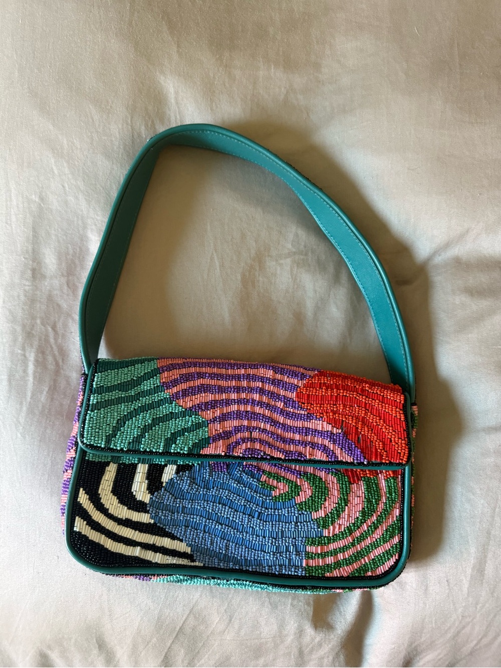 STAUD Multicolor Beaded Shoulder Bag with Turquoise Strap